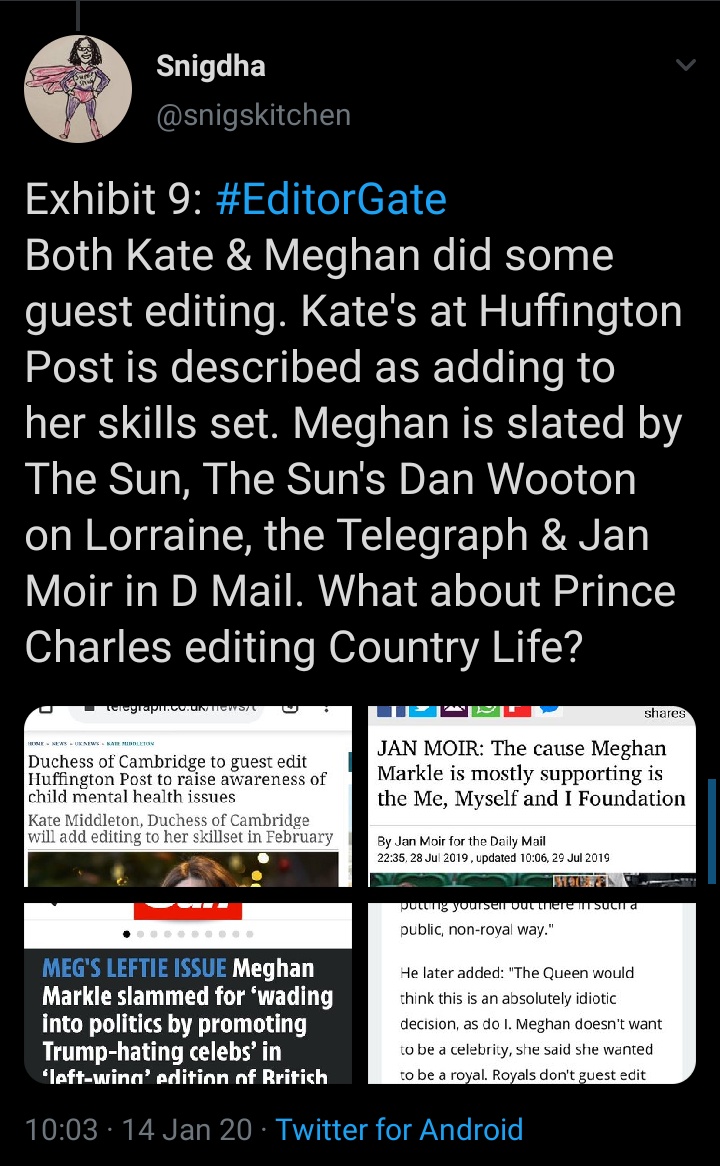 Exhibit 9A:  #EditorGateReloaded As Princess Anne guest edits Country Life this week (and why not?), remember the criticism raised about Meghan's issue of Vogue. Contrast the lack of criticism applied to Anne, Kate, and Charles.