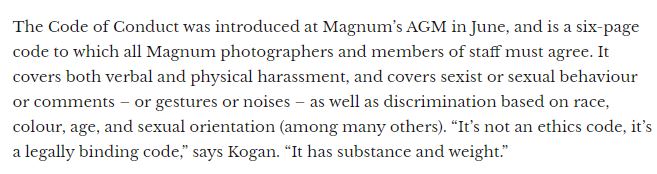 Important Thread:  @MagnumPhotos have a 'legally binding' code of conduct that includes discrimination based on race. 'If the complaint is upheld, the offending individual will be expelled from the agency.'Let's talk  @parrstudio
