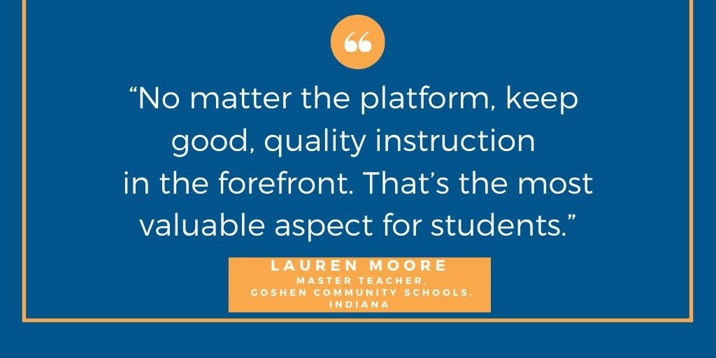 NIETteach's tweet photo. When asked about what advice she would give to other educators for this year, master teacher Lauren Moore speaks to the importance of quality instruction no matter the modality. Read advice from other educators here: https://t.co/jA4rAbVqKa @GoshenSchools https://t.co/sQLZz0hrST