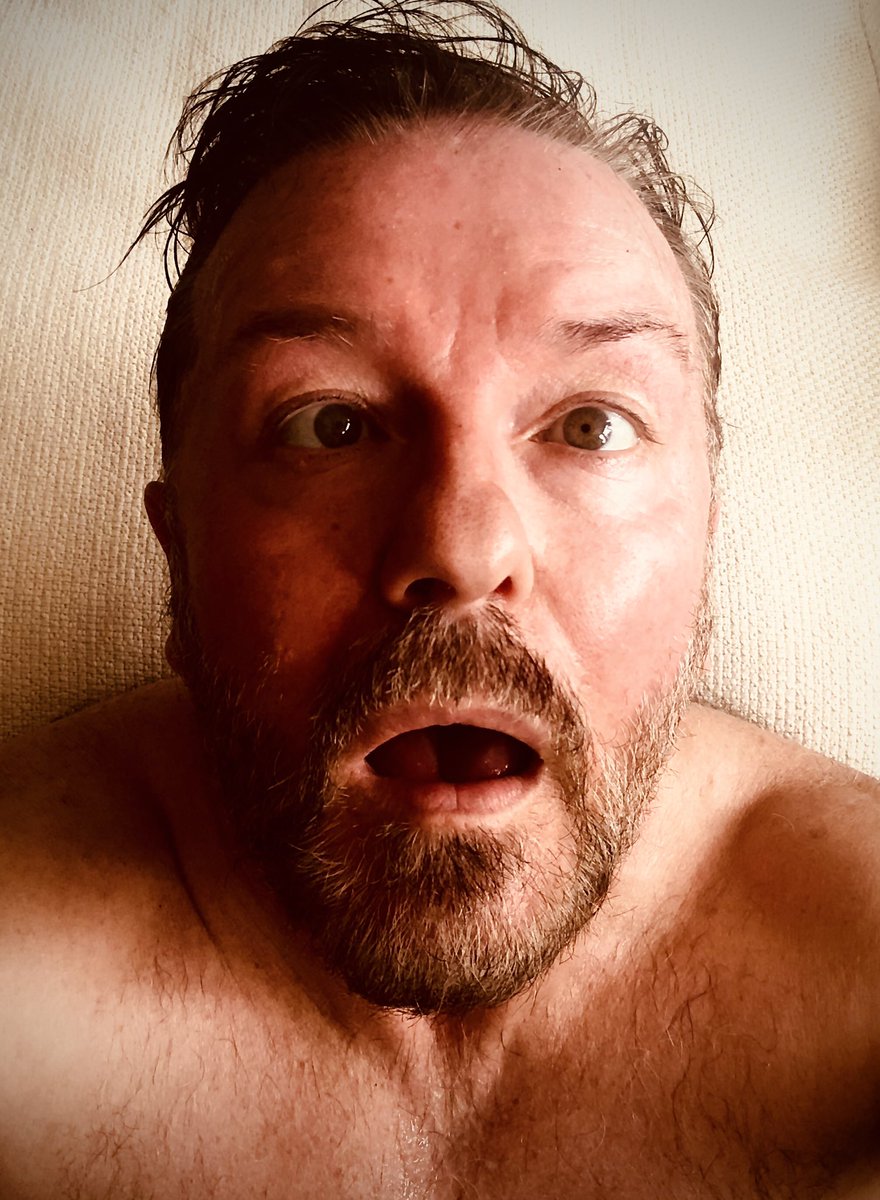 rickygervais's tweet photo. Just played tennis. I’ve genuinely never felt this hot. Mental. https://t.co/7OZDYiBQLn