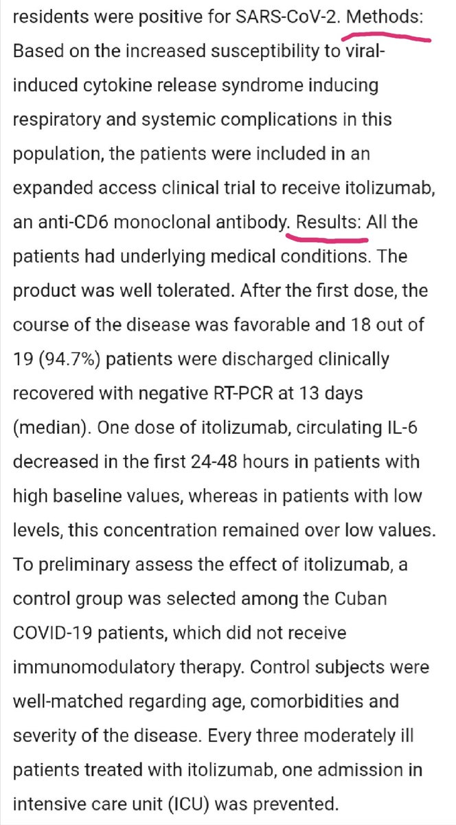 Pre-print of a Cuban  #Itolizumab  #COVID19 trial out. Ethics approval on April 4. Claims mortality reduction as well. Different trial or data part of IIC RD-EC 179,  https://rpcec.sld.cu/en/trials/RPCEC00000311-En https://www.medrxiv.org/content/10.1101/2020.07.24.20153833v1 https://mobile.twitter.com/das_seed/status/1288105916689195008 @pash22  @prat1112001  @dawalelo