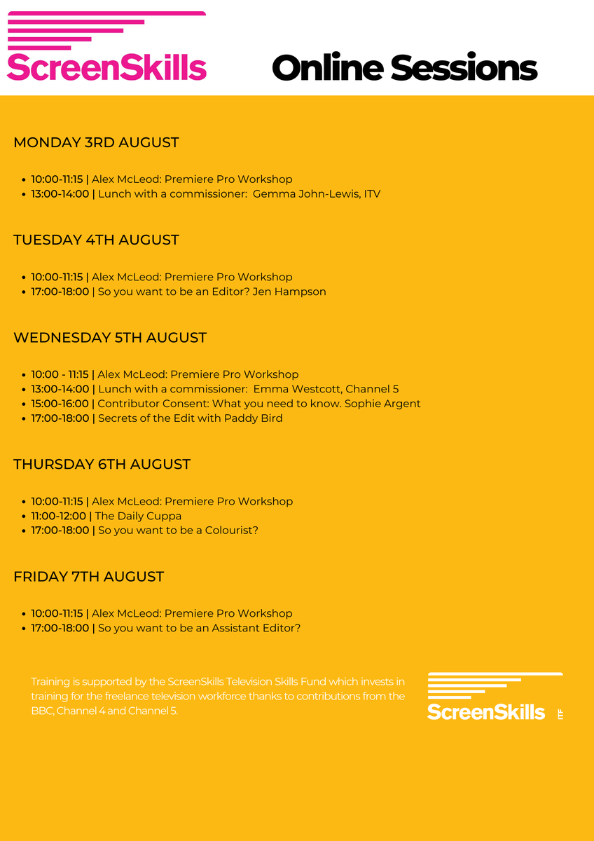 3RD-7TH AUGUST - More free sessions please share! Lunch with a commissioner, Daily Cuppa, Secrets of the Edit, Premiere Pro Workshop and more. bit.ly/2P9sV4I