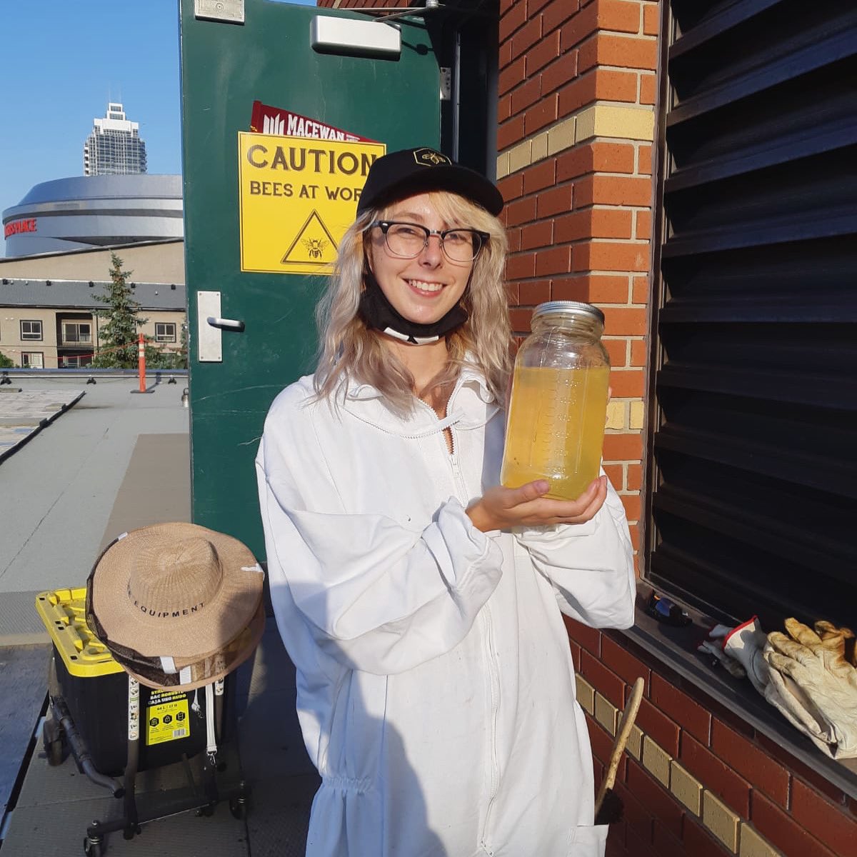 Honey harvesting has begun! After a sampling of this years batch it is said to taste like flower candy marshmallows 🌸 🤤.  #MacEwanU #UrbanBeekeeping