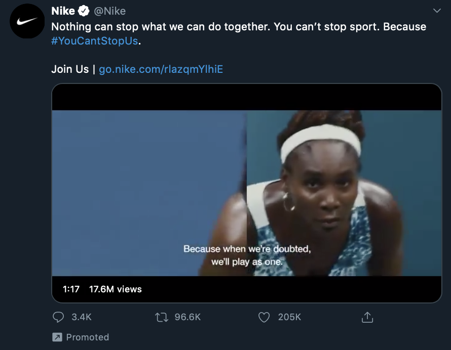 A final note on the media strategy.1. Nike always launches with Twitter. Chances are you saw the video with a Promoted button as the second Tweet on your feed, the highest-reaching and most premium placement possible, in a platform known for its social influence.