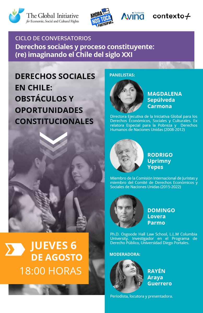 VARConsti's tweet photo. AGENDA I Jueves 6 de agosto, 18.00 hrs: Ciclo de conversatorios "Derechos sociales y proceso constituyente: (re)imaginando el Chile del siglo XXI" 

En colaboración con:
@GIESCR 
@FundacionAVINA 
@ahrnostoca 

¡Inscripciones aquí! 
https://t.co/69RXMVBJ1D https://t.co/vjJWvCAGHR