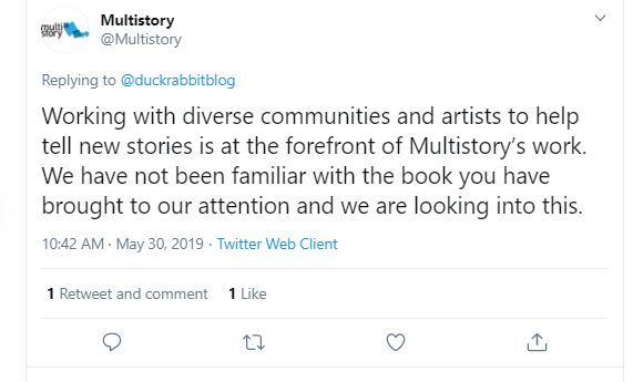 I pointed out the racist book.  @multistory agreed to 'look into it' Then silence.