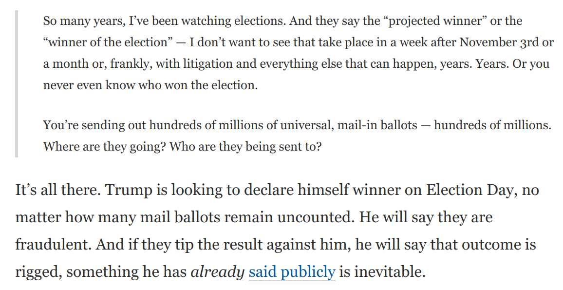 Last point:Bookmark and save this Trump quote, from last night's press briefing.He laid out the entire corrupt scheme, right in plain sight: https://www.washingtonpost.com/opinions/2020/07/31/trump-just-told-us-how-mail-delays-could-help-him-corrupt-election/