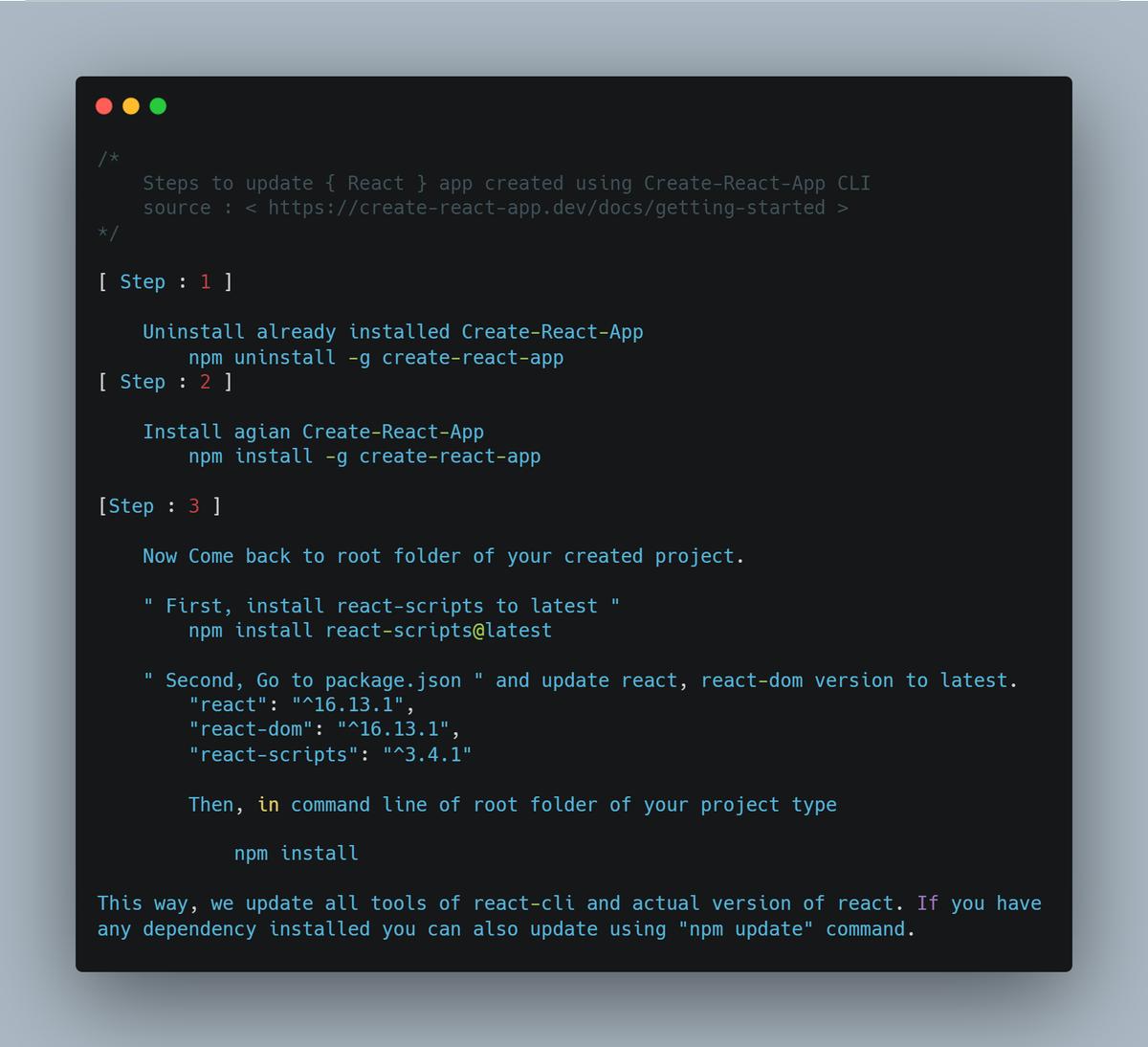GaurangDhorda's tweet photo. Steps to update already created react project using Create-React-App CLI
#100DaysOfCode #reactjs  #javascript #ReactCLI #update https://t.co/HxvezT5ZKj