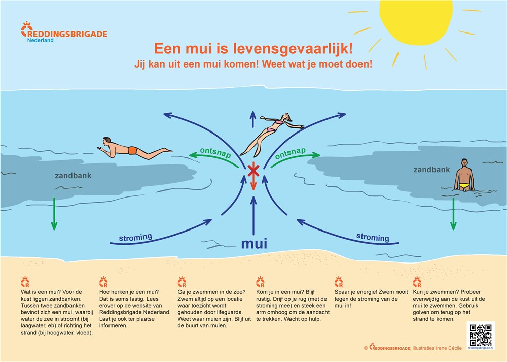 <a href="/KNBRD/">Reddingsbrigade Nederland</a> wil strandgangers extra attenderen op muien en stromingsgevaar. Bovendien krijgt, bij afgaand tij, de stroming een 'duwtje' in de rug; dat maakt een mui nog verraderlijker! Ronddrijven op een luchtbed is extra gevaarlijk, er is grote kans op afdrijven bij oostenwind.