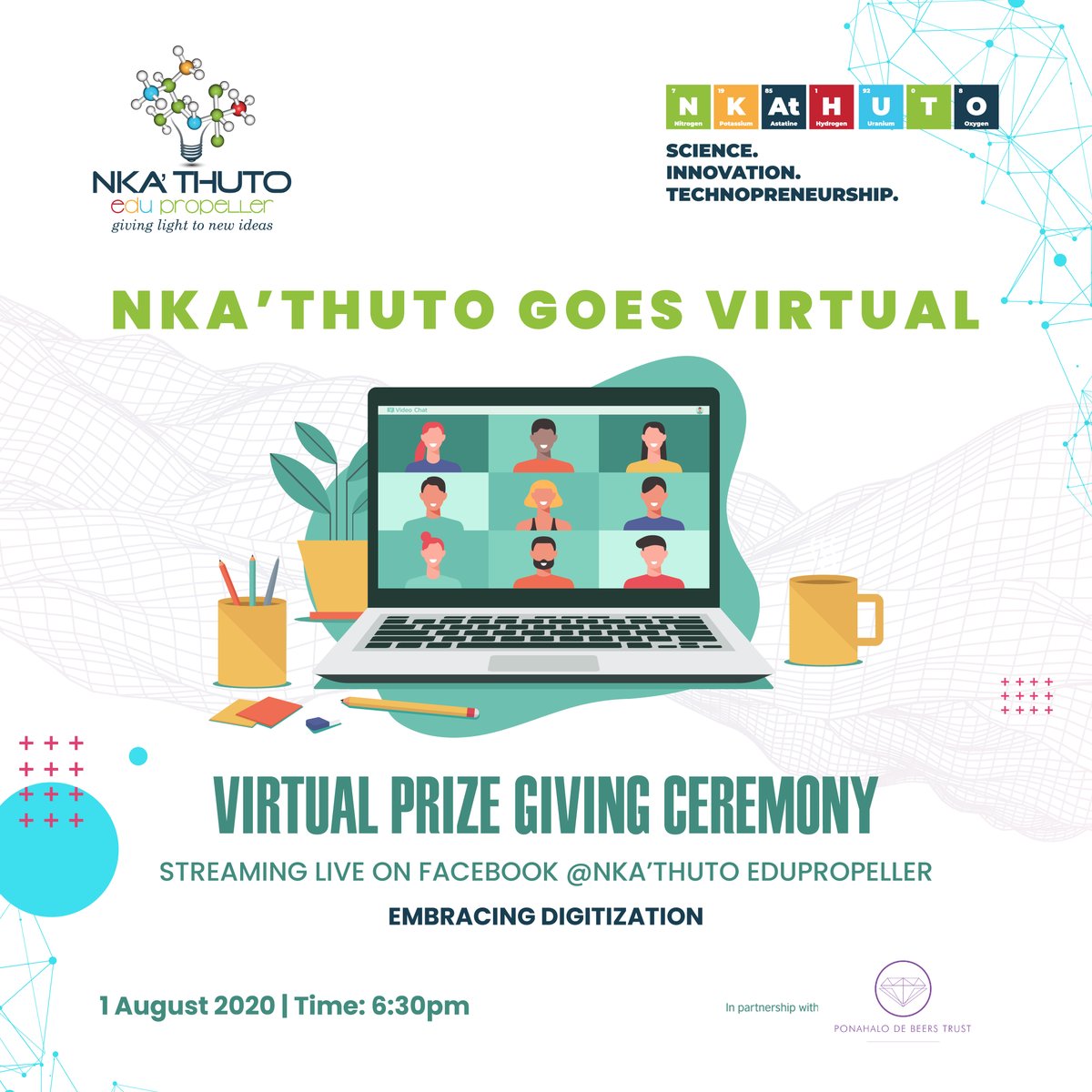 Nka’Thuto embraces digitization. 

Join us for our first ever VIRTUAL PRIZE GIVING CEREMONY after 2 weeks of the Virtual TechnoPreneurship Bootcamp with learners from Viljoenskoon in the FS funded by the Ponahalo DeBeers Trust.

Celebrate with us @18h30 tomorrow on Facebook page