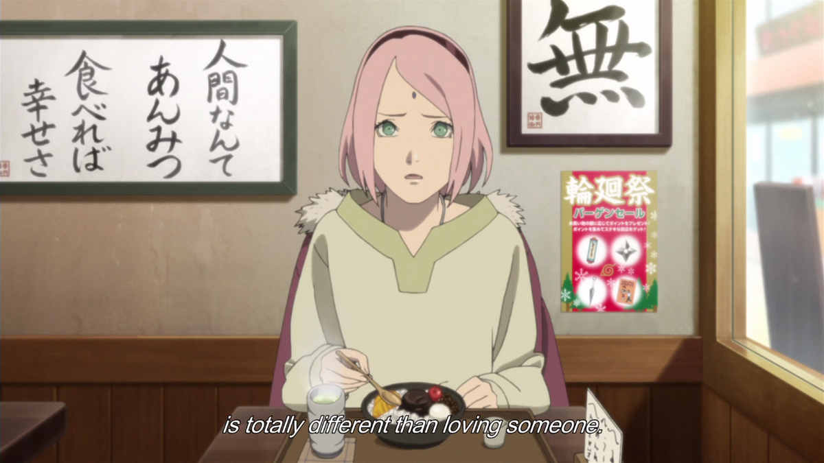 He sees a memory of Hinata and Sakura talking about Naruto’s obtuseness to understand romantic love, which he confuses with the same love for sweets or in his case,ramen, being a revelation for him, to which he reacts confused.