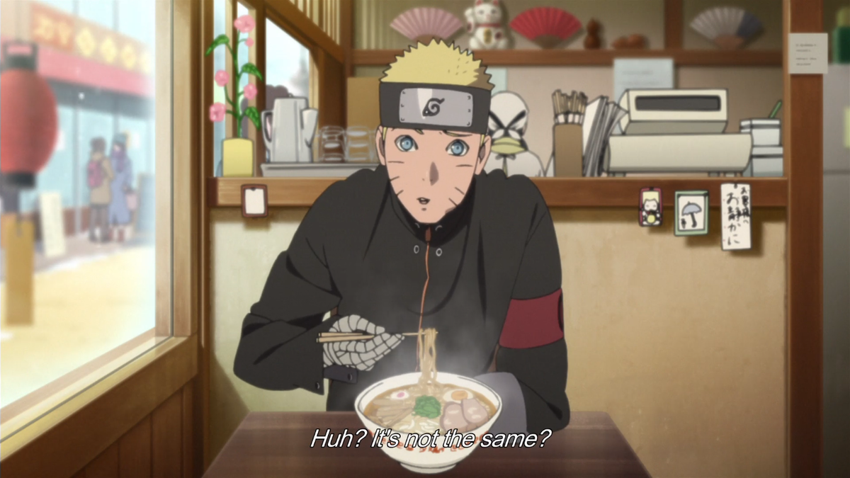He sees a memory of Hinata and Sakura talking about Naruto’s obtuseness to understand romantic love, which he confuses with the same love for sweets or in his case,ramen, being a revelation for him, to which he reacts confused.
