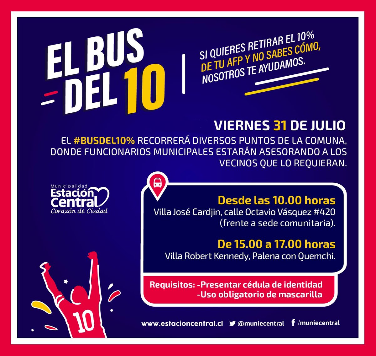 muniecentral's tweet photo. ATENCIÓN VECINOS 📣

Hoy, viernes 31, el 🚌 "Bus del 10" estará en la mañana en la Villa José Cardjin apoyando a los vecinos que quieran retirar su 10%.

📌Más información en la siguiente imagen ⤵️ https://t.co/fibal7vxJq