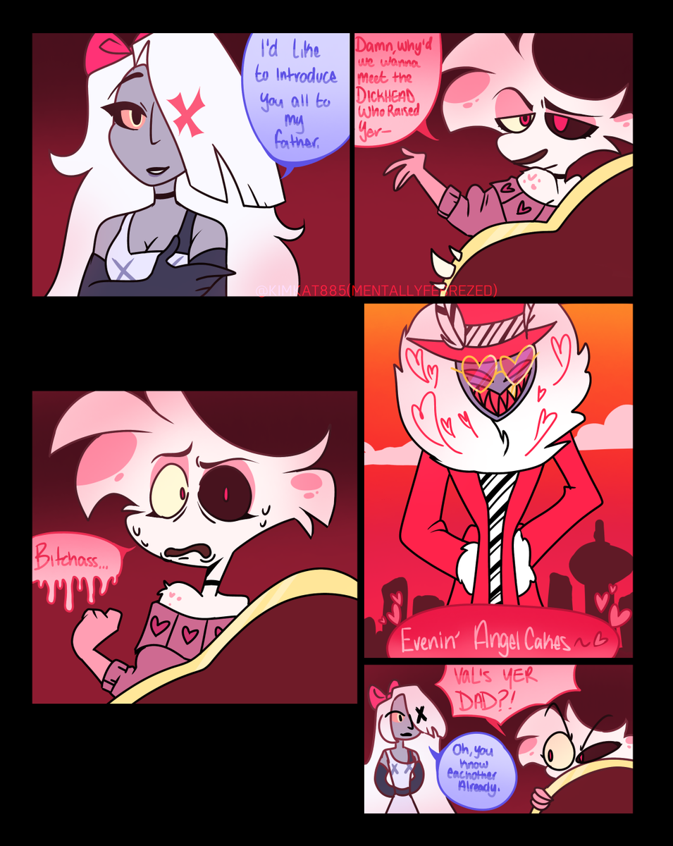 tally885's tweet photo. I've had this comic in my drafts for ages and I finally finished it. Moth dad Moth dad.

#vaggie #valentino #Angeldust https://t.co/GtAXOmIYKv