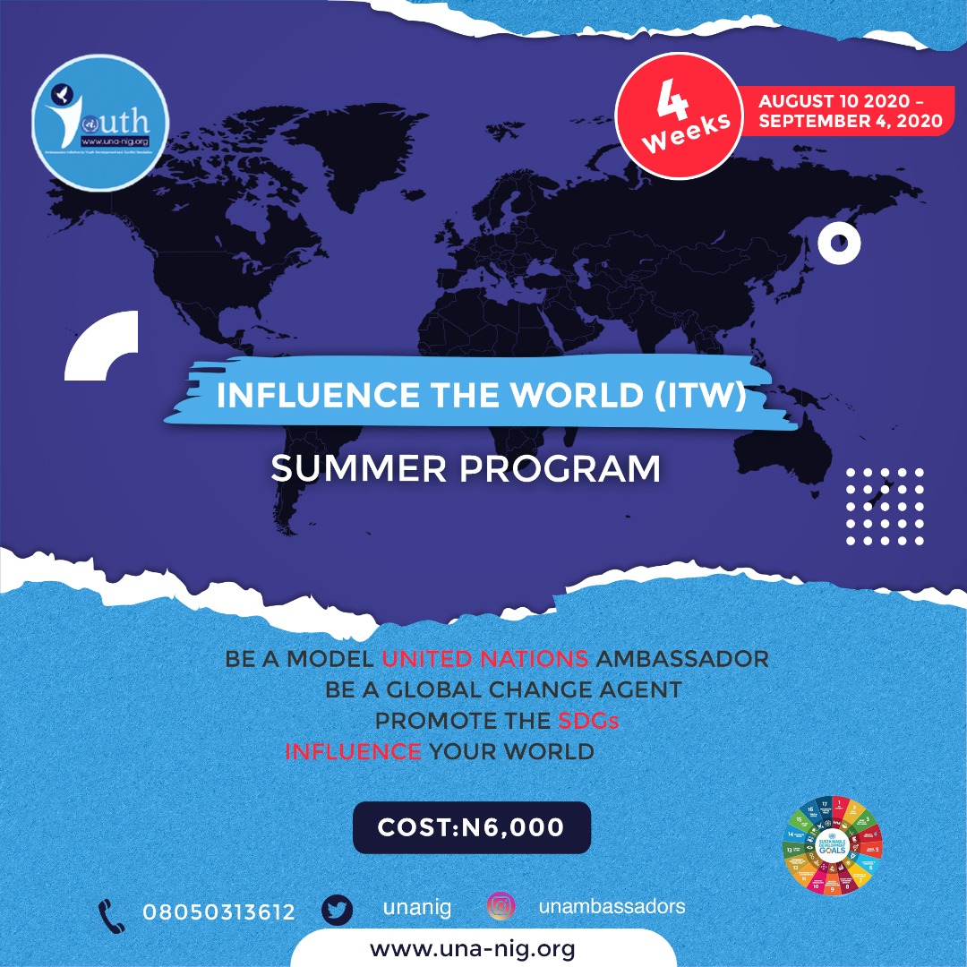UnAmbassadors's tweet photo. Spaces are filling up fast for our Influence the World (ITW) Summer Program. Register now on https://t.co/IP8nKb7kpO for 18 impact sessions from August 10-Sept 8, 2020. It costs $15 (N6,000) only for the entire program for those aged between 8 to 16 years old. https://t.co/JRCQYQ2mZN