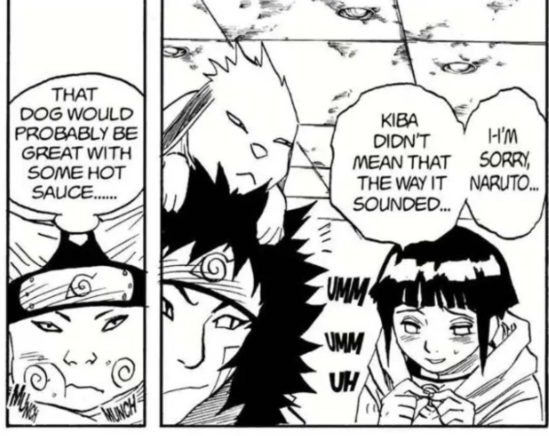 Now Hinata: she blushed, trembled, when Naruto looked at her she averted her eyes, she used to hide from him, stuttered, no loud.