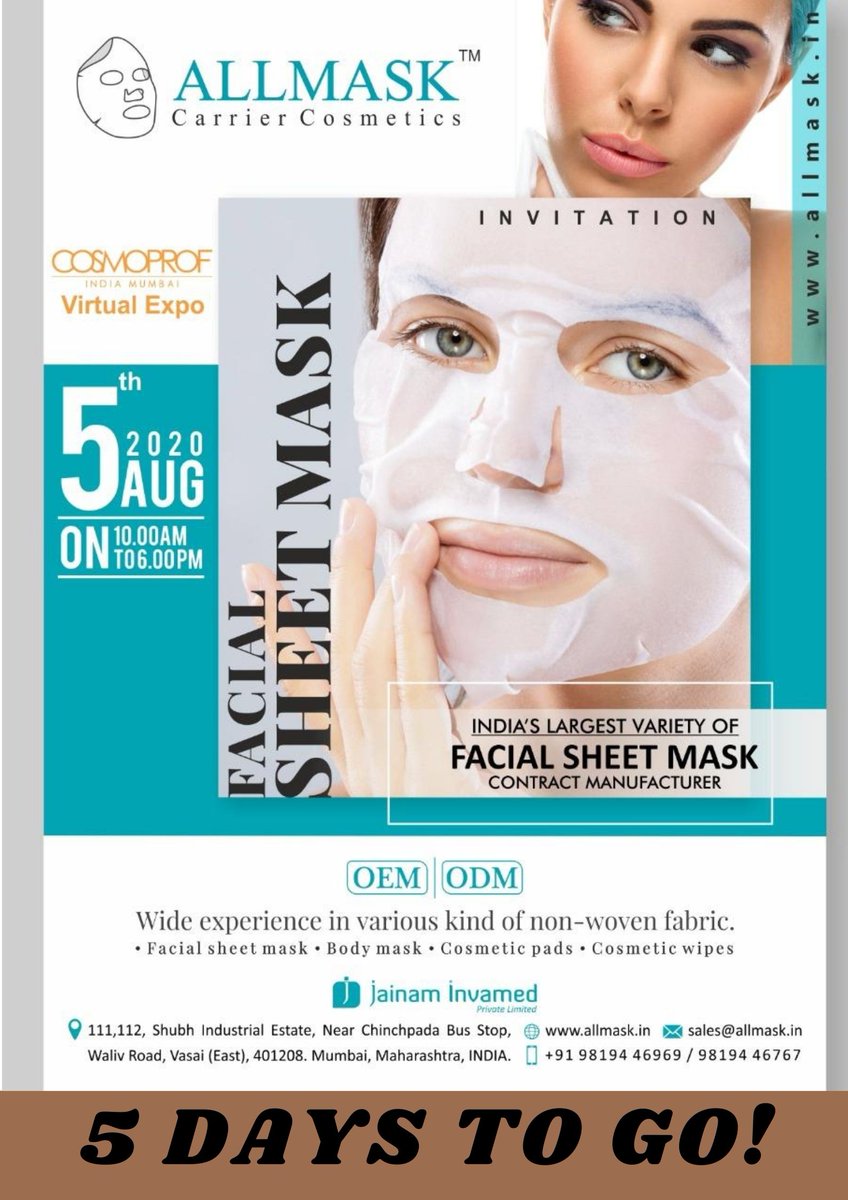 allmaskcosmetic's tweet photo. 5 Days to go!
Join with us @Virtual Expo- ALLMask BOOTH.
Virtual Expo is almost here with hundreds of opportunities for you to connect with top industry providers and aid your business.
To register, visit https://t.co/1hLOL9Y0Pu now.
.
#personalcareingredientsandlabexpo #allmask https://t.co/Be0pbY6r8v