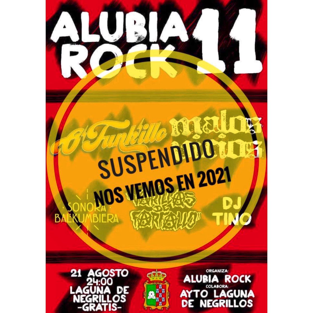 Aupa alubierxs!
Debido a la situación actual que estamos viviendo, nos vemos en la situación de SUSPENDER el festival para el año 2021..Más información face, insta <a href="/alubiarock/">AlubiaRock</a> 
Salud amigxs  
<a href="/ofunkilloband/">ofunkillo oficial</a> 
<a href="/Malos_Vicios/">Malos Vicios</a> 
@VDeFarfallo 
@sonorabalkumbiera 
<a href="/JacatinoL/">laurentino murciego</a>