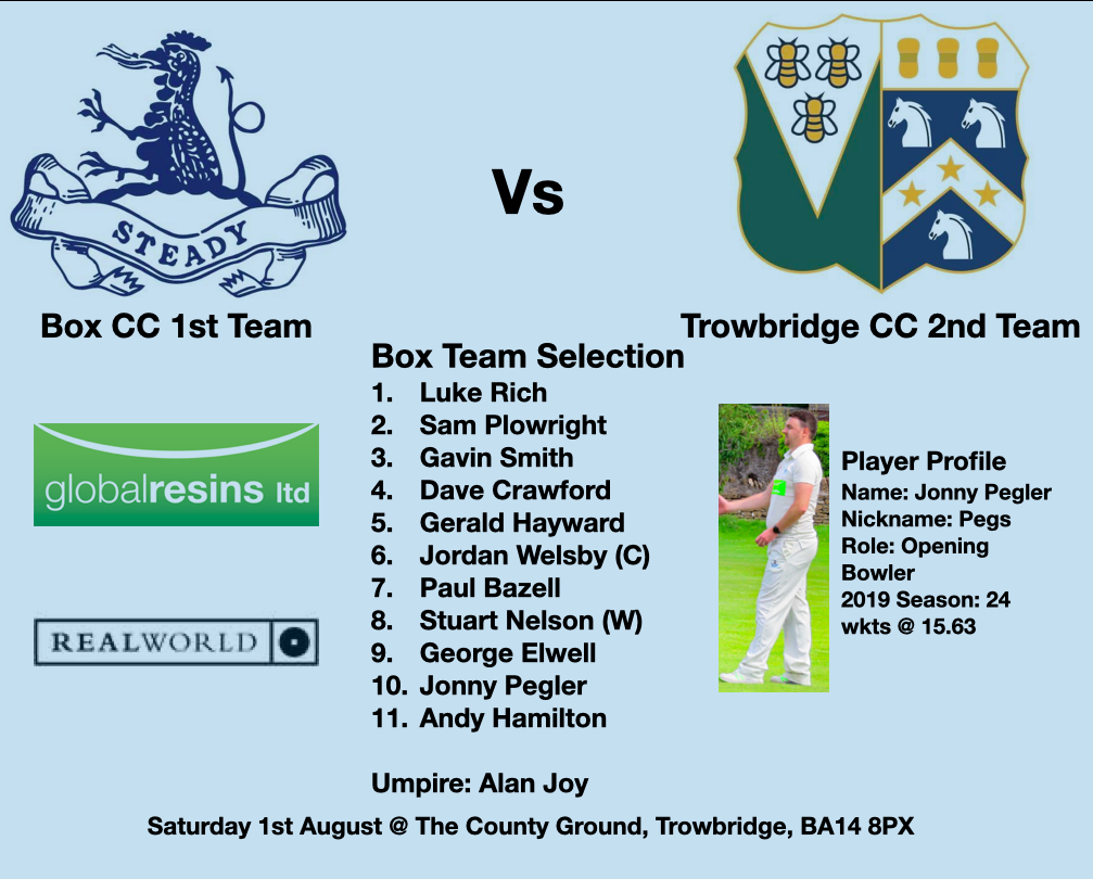 BoxCricketClub's tweet photo. This weekend Box face @trowbridgecc 2nd team after a washout last week. @Jonnypeg89 will lead the attack as Box try to get their season off to a good start #UpTheBox #cricketisback https://t.co/z2EvSVRkjK