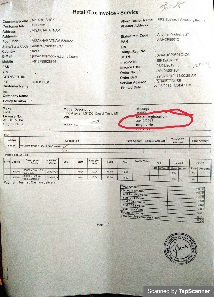 JeevanSwaroop6's tweet photo. @FordLovers1 @FordLovers3 @FordIndia @FordIndiaHelp This is to inform to all #ford customers , BEWARE OF THIS FRAUD, I purchased vehicle on 12-07-2018 but in every service invoice they mentioned initial registration on 30 -12-2017 which affected my warranty, https://t.co/DKUaXpPMZ7