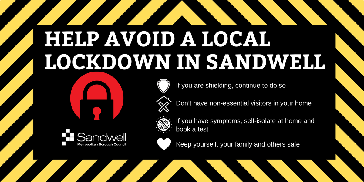 sandwellcouncil's tweet photo. ⚠️⚠️⚠️There are 3 things we're very strongly advising people do to try to slow the spread of the virus and avoid us going into local lockdown.

🛡️If you are shielding, continue to do so
🏡Don't have non-essential visitors in your home
🦠If you have symptoms, you must book a test. https://t.co/LeVcYNNlLu