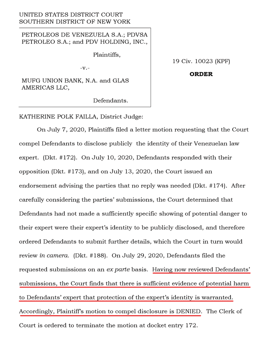 1. Un juzgado de Nueva York acaba de ordenar la protección de la identidad de un testigo experto venezolano por temor a represalias en su contra por parte del gobierno venezolano. Lo inusual es que la orden se refiere al temor a represalias por parte del gobierno de Guaidó.