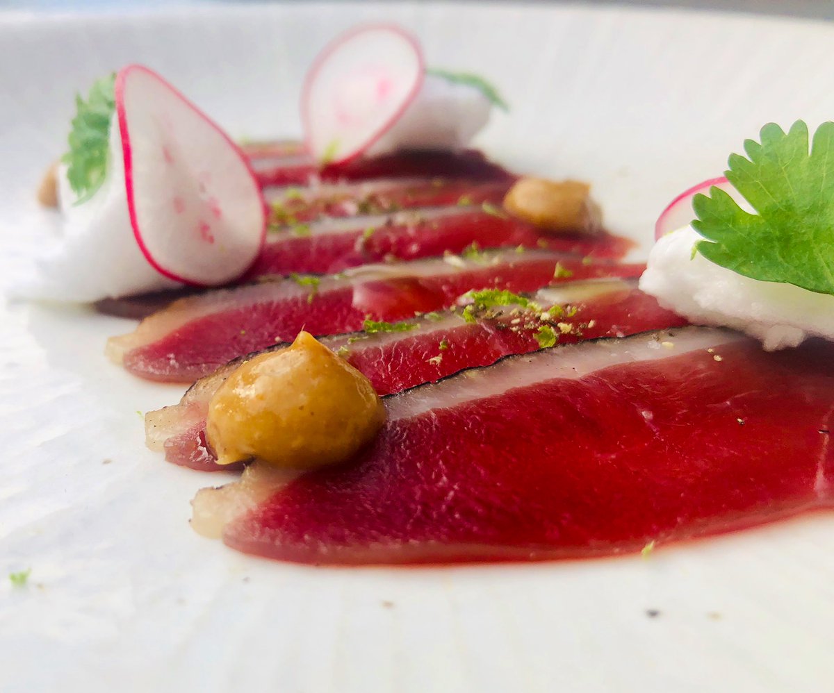 NeilBentinck's tweet photo. Thirkelby duck ham with pickled lime purée 😋 on the menu now @skoshyork 🍽 Salt and sugar cure &amp; beechwood smoked with a sour, sweet &amp; spicy hit of lime mousse and condiment 🙌 light, fresh &amp; full of flavour 😎 Tasty little nibble....Done 👊 #aswecontinue https://t.co/RX1Tze1VZn