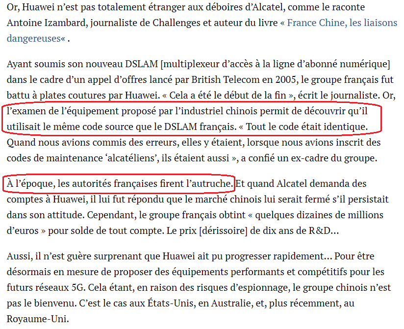Une raison peu connue pour laquelle Huawei est de facto (pas de juro) repoussé par les autorités françaises : ils ont littéralement "pompé" Alcatel en 2005
opex360.com/2020/07/23/la-…