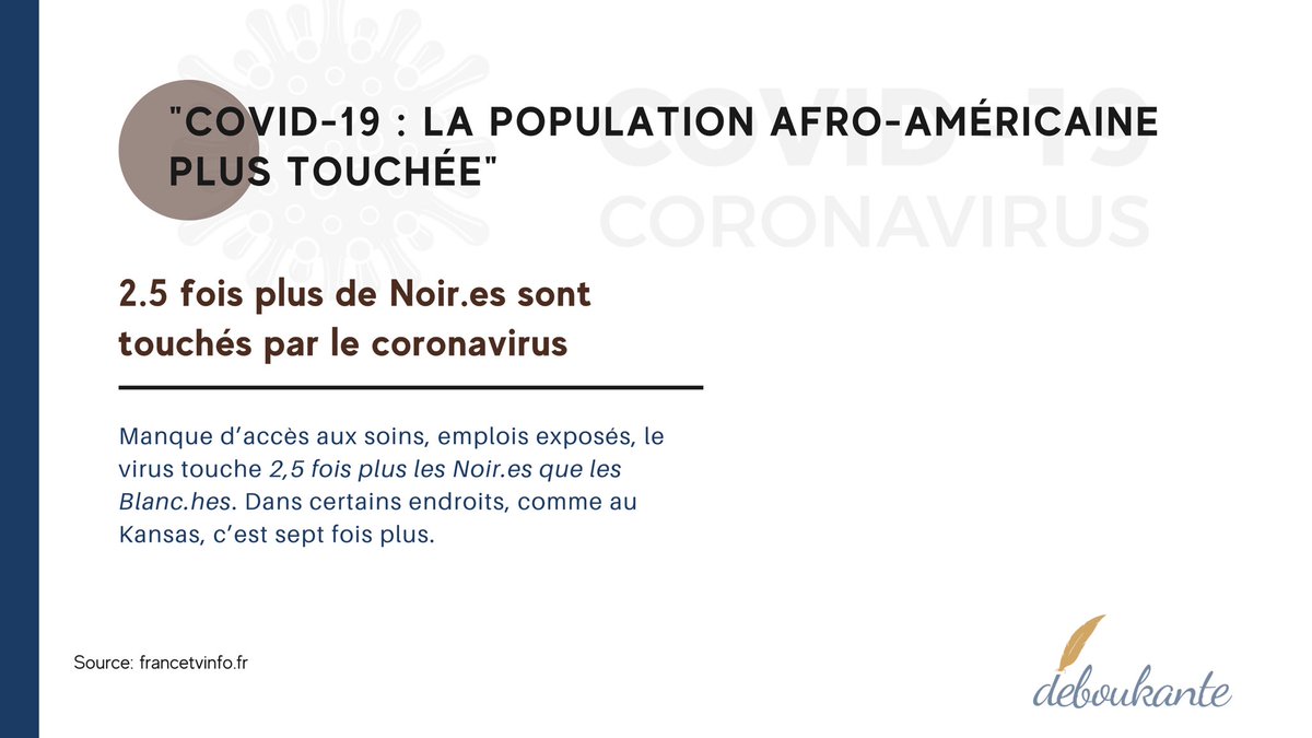 _delvanathanael's tweet photo. Manque d’accès aux soins, emplois exposés, la #COVID19 touche 2,5 fois plus les Noir-es que les Blanc-hes aux États-Unis.
Infographie à consulter sur les inégalités et discriminations raciales aux Etats-Unis via ce lien:
https://t.co/hPOIfvCm6A
#deboukante #blog https://t.co/RMkHvxaWJy