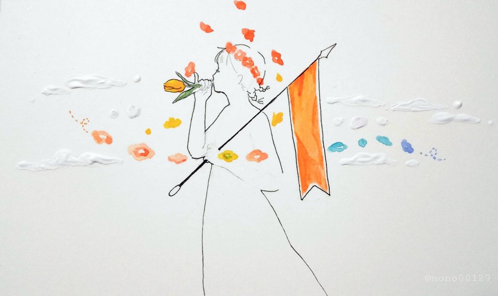 solo 1girl flower holding traditional media profile orange flower  illustration images