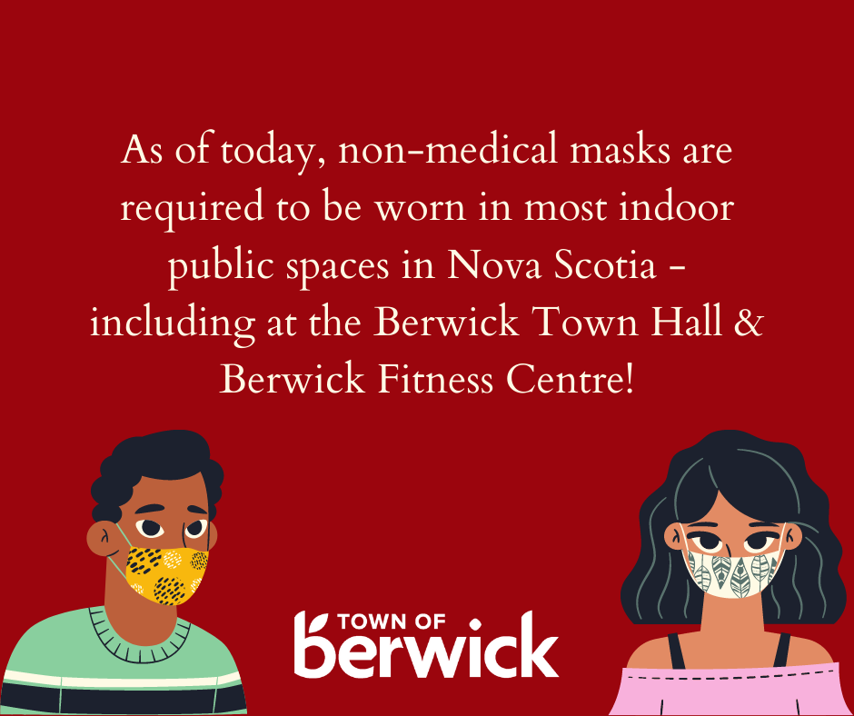 town_berwick's tweet photo. Don't forget your mask if you are coming to visit us at the @town_berwick Town Hall or the @BerwickFitness Centre! Don't have a mask? Stop by the @valleylibs - they are a distribution spot for masks from the @nsgov
#BerwicktoTheCore https://t.co/E8xGb6yAXF