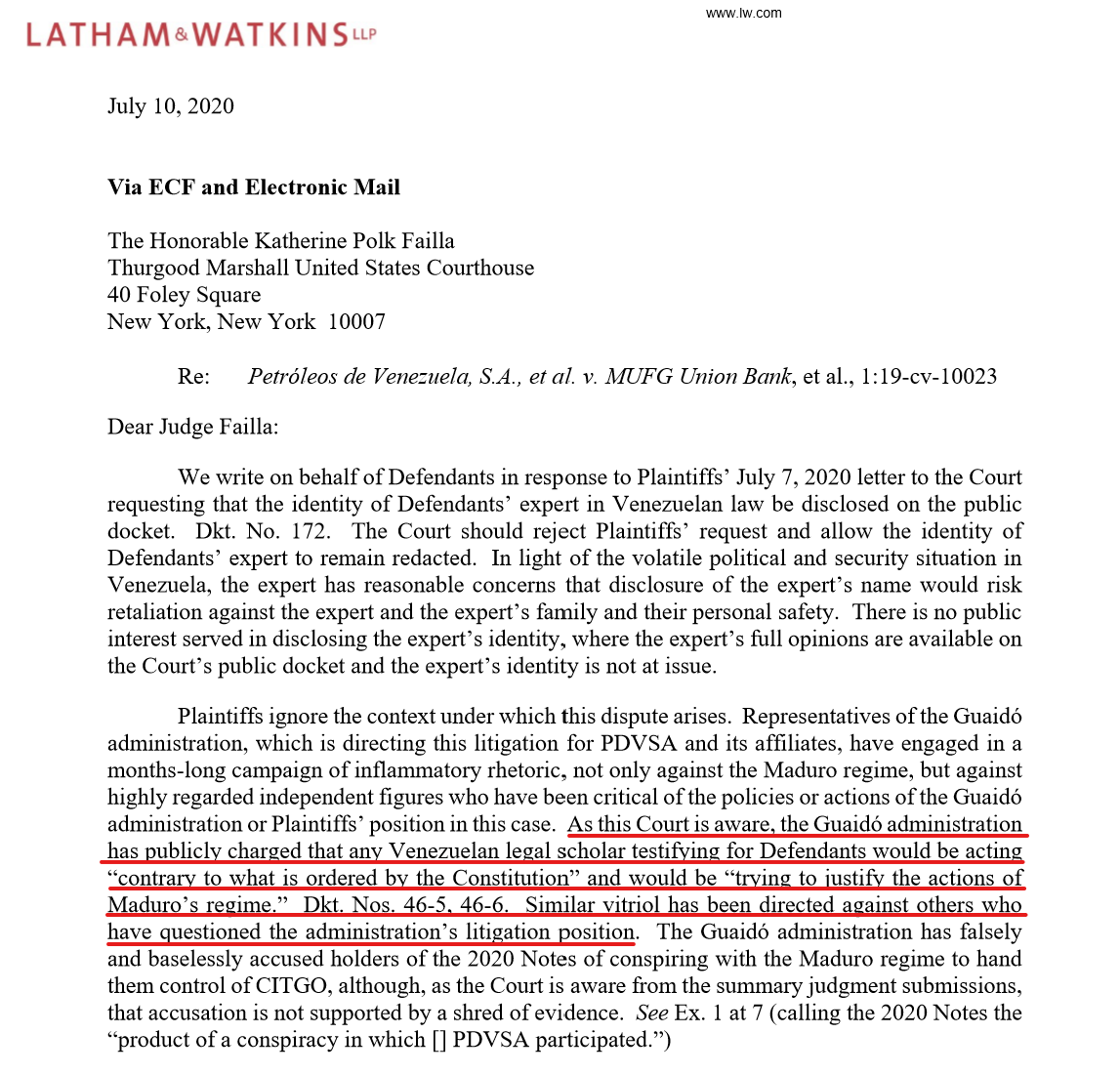 3. La intimidación de testigos, especialmente si proviene de un funcionario en posición de poder, es una materia seria en las cortes americanas. Es vergonzoso y lamentable que representantes del gobierno interino hayan incurrido en conductas más propias de los esbirros de Maduro.