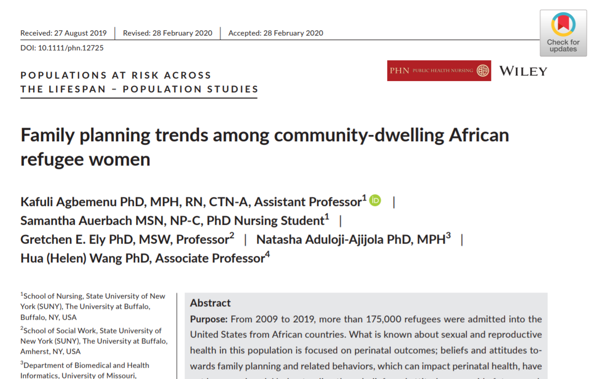 UBGlobalHealth's tweet photo. #FeatureFriday highlights Dr. Kafuli Agbemenu from @UBNursing, whose pub in Public Health Nursing reveals #familyplanning behaviors and associated #sociodemographic factors among #Africanrefugee women to develop #culturallycongruent educational family planning interventions https://t.co/W2yKbt3lLw