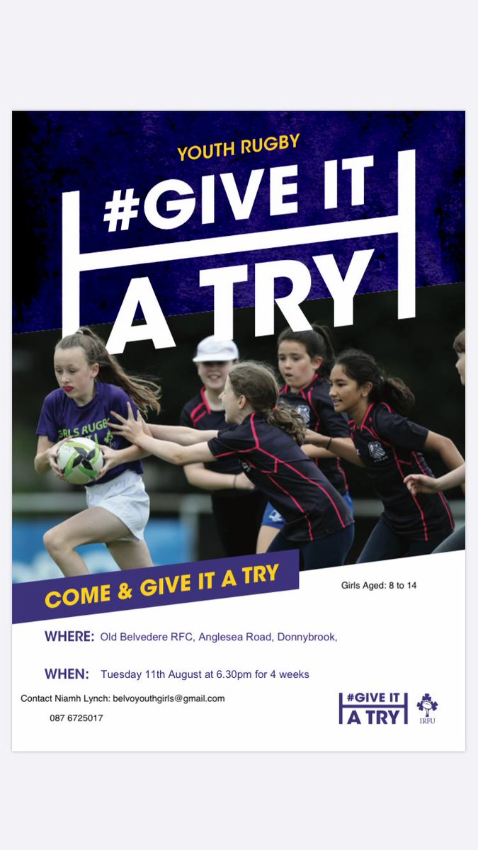 OldBelvoWomen's tweet photo. 📣 Calling all girls aged 8-14!
#GiveItATry is back!
The perfect way to keep kids active this summer 🤸♀️
🗓 Tues August 11th
🕙 6.30PM
📍Old Belvedere
Call Niamh at 0876725017 or email belvoyouthgirls@gmail.com
#20x20 #CantSeeCantBe #GirlsRugby #BeBelvo #GetAllGirlsActive https://t.co/tVQbBdCYf0