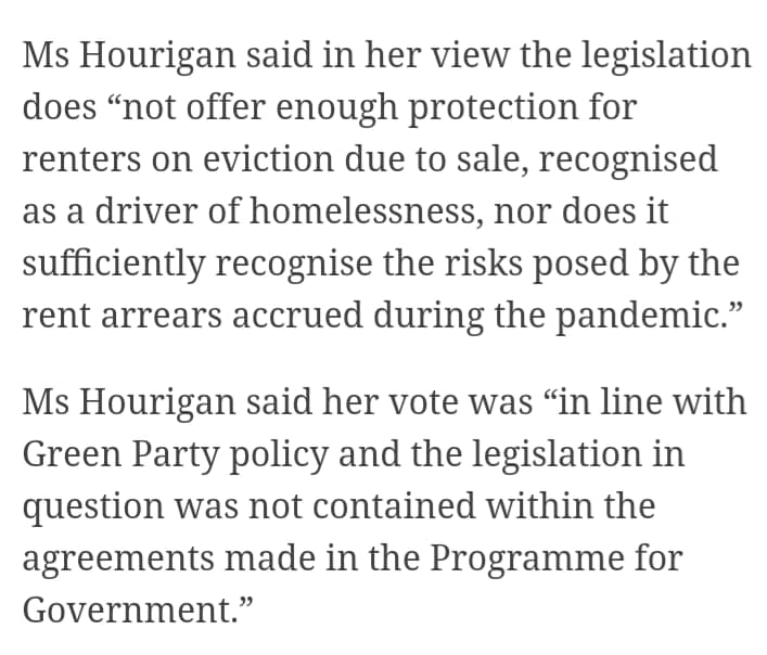 1. On  @neasa_neasa &  @joefingalgreen's vote and abstention on the Residential Tenancies and Valuation Bill: from 2016-2020 the Green Party introduced legislation & amendments preventing evictions. Hourigan voted in line with this. The PfG doesn't reference eviction legislation.