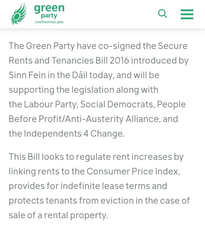 3. Secondly, the Secure Rents and Tenancies Bill 2016 which  @greenparty_ie co-signed with Social Democrats, Labour, Sinn Féin, Independents4Change & People Before Profit. The Bill again protected tenants from eviction in the case of sale.