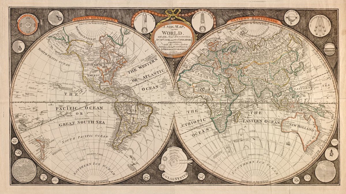 LOCMaps's tweet photo. This world map from 1799 depicts not just Earth, but the entire solar system. In the lower center portion of the map you’ll find a map of planetary orbits for Mercury through Saturn.
Check it out: https://t.co/fiz9SWUNzu https://t.co/z8Zgip7LpE