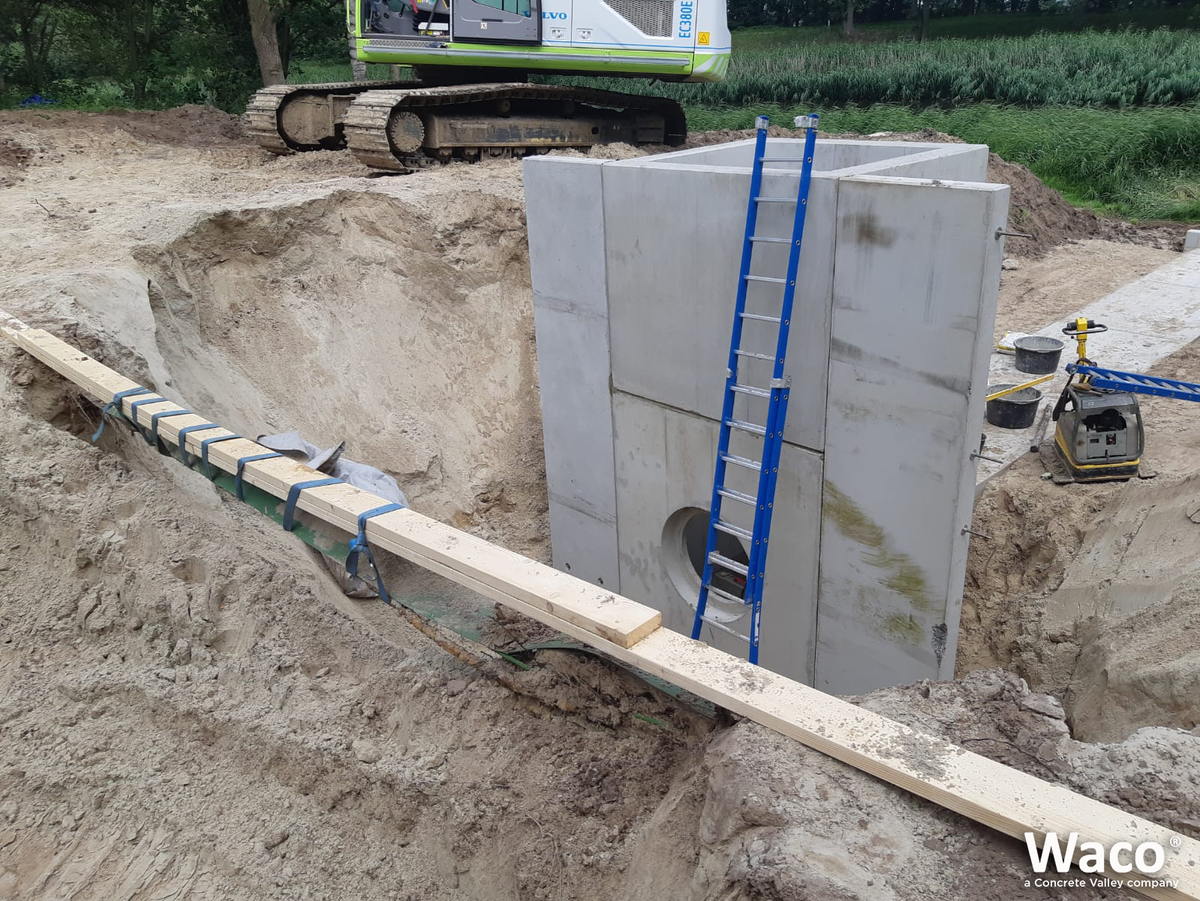 Ter vervanging van de afgekeurde kunstwerken in regionale waterkeringen produceerde Waco de nieuwe uitstroomelementen, putten, taludelementen, duikers en funderingselementen om onder- en achterloopsheid tegen te gaan. 
📍 Aa en Maas