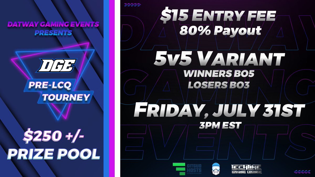 DatwayEvents's tweet photo. Pre-LCQ Tourney 🏆

🎮 Modern Warfare - 5v5 (PS4)

🗓️ Friday July 31st - 3pm EST 

💵$15 Entry - DM to signup

🆚 BO5 Winners - BO3 Losers

🎥 Stream &amp; Casted Matches

Sign up quick, seed based off of signup order https://t.co/X7oqSscg55