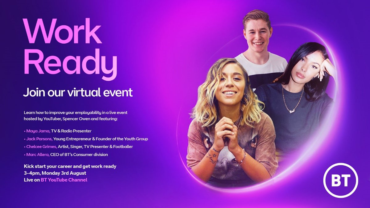 It can be tough if you are looking for work at the moment. BT Work Ready are here to help! Join live on BT YouTube @ 3pm on 3 August and hear advice from guests including Maya Jama, Chelcee Grimes and Jack Parsons on kickstarting your career. #BTWorkReady #SkillsforTomorrow