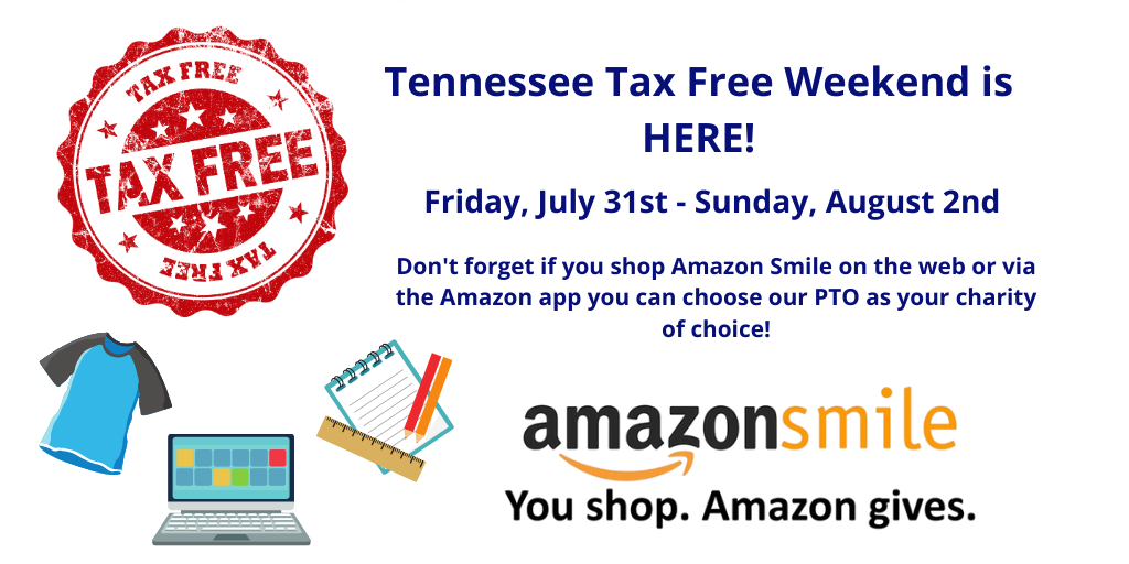 MCES_PTO's tweet photo. Don't forget that #TNTaxFreeWeekend starts today! You can help support MCES when you shop Amazon Smile and make the PTO your charity of choice. Visit our website for more information! https://t.co/3jpNP2RinZ https://t.co/eNqAsrkSIg