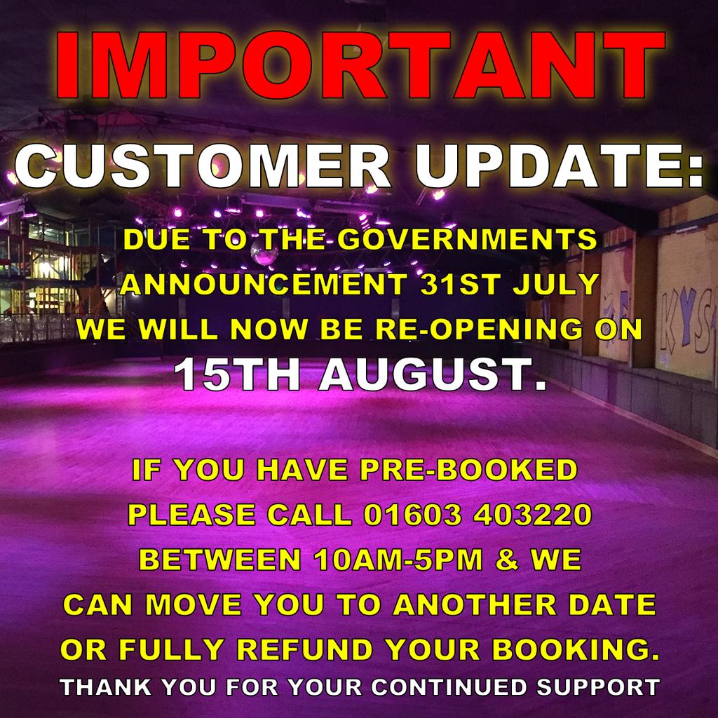 FunkysNorwich's tweet photo. IMPORTANT CUSTOMER UPDATE: Following The Announcement By The Government Today (31st July) Our Opening Date Has Been Postponed. We Will Now Be Re-Opening 15th August. https://t.co/rVC8x4D4zd