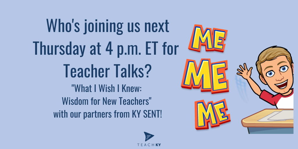 GoTeachKY's tweet photo. #GoTeachTuesday
Next Thursday, 8/13 at 4 p.m. we’re cohosting Teacher Talks with our friends at KY SENT to share what they wish they knew when they started their teaching journeys. New and experienced teachers are welcome to join us! Sign up at https://t.co/Lyui1vb8qP https://t.co/VgzIwmWBcM