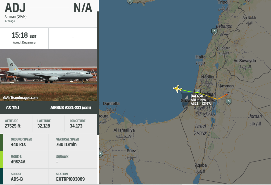 5472_nde's tweet photo. BAF630 CS-TRJ #BelgianAF A320 dropped in to Amman #Jordan for a while, now heading out west. 1238z https://t.co/Qb2QFzvoiG