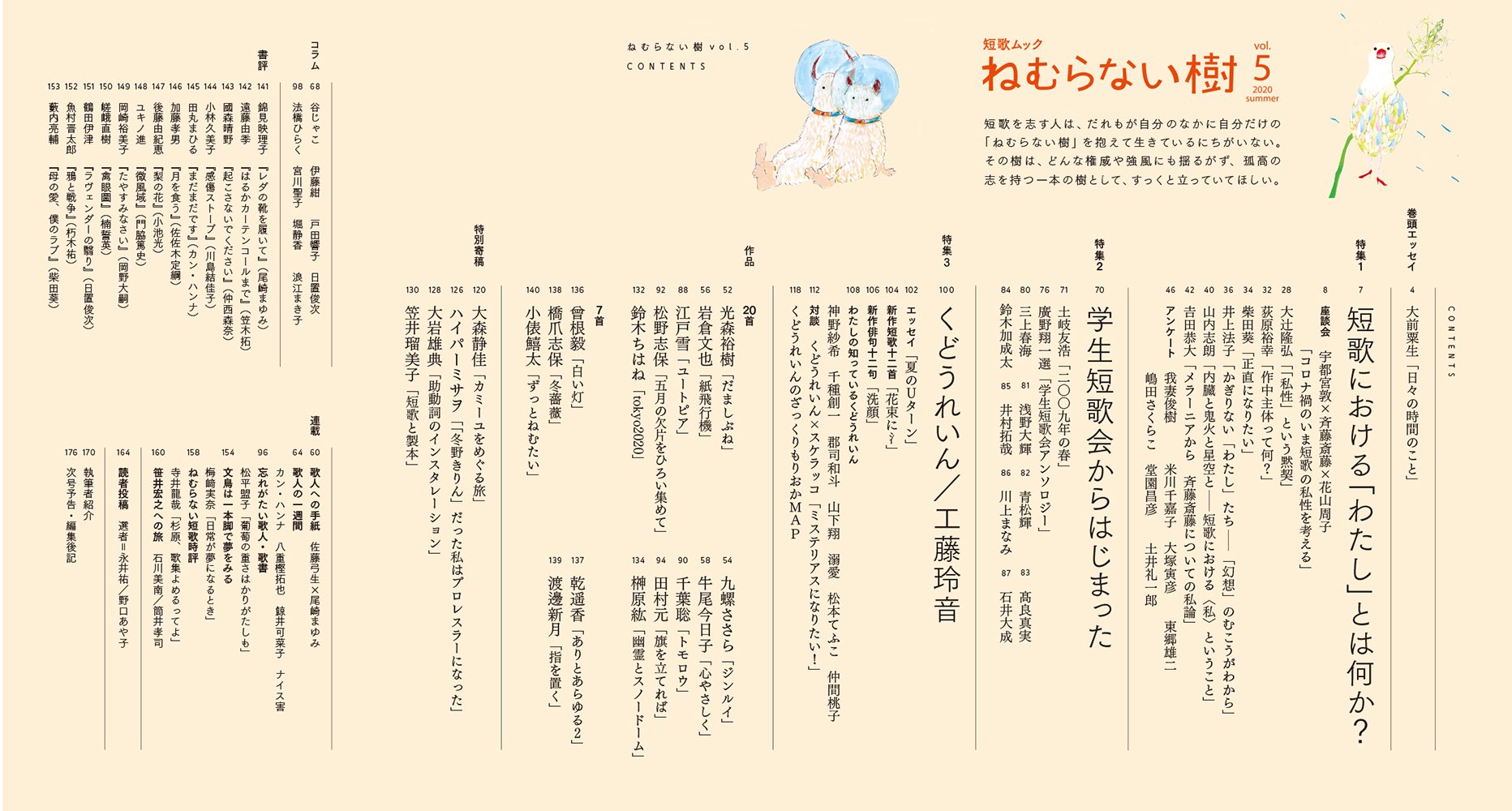 短歌ムック ねむらない樹 On Twitter: "【ついに刊行！！】 短歌ムック「ねむらない樹」Vol.5、いよいよ刊行です。特集は、①短歌における「わたし」とは何か？、②学生短歌会からはじまった、③くどうれいん／工藤玲音の3本🌳🌳  目次がすべて見られる画像を作ってみまし ...