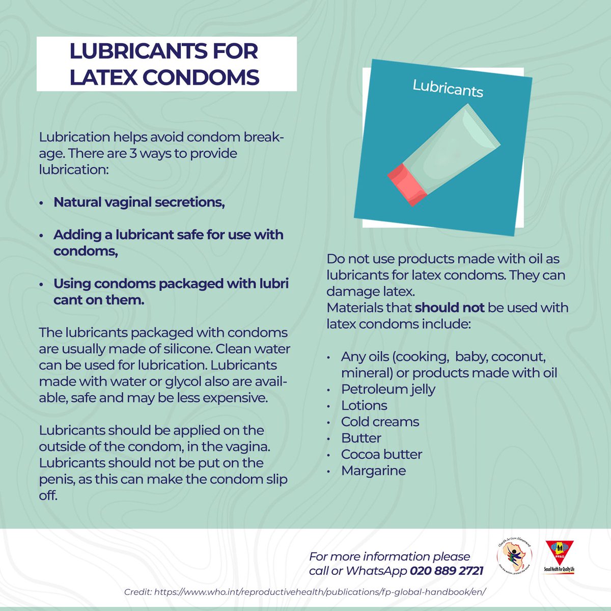 PPAGGhana's tweet image. Lubrication is important during sexual intercourse: to avoid condom breakage and injury to the sexual organ. It’s therefore important to know the right lubricants for maximum lubrication! 

DO NOT USE PRODUCTS MADE OF OIL !! Check 👇🏾

#KnowYourFPMethod 
#SexualHealth4QualityLife