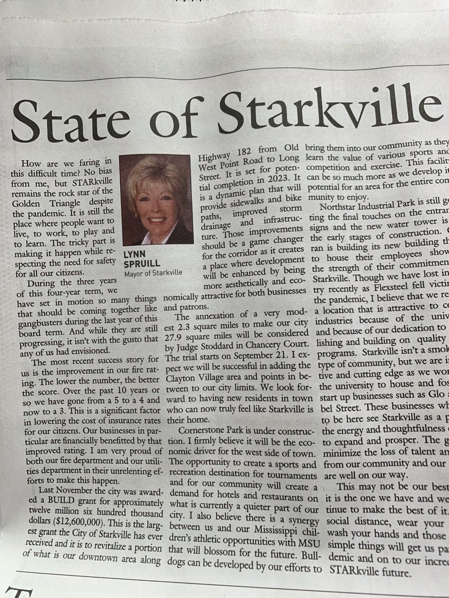 lynn_spruill's tweet photo. Thank you to ⁦@StarkvilleDaily⁩ for highlighting what is going on in our extraordinary S⭐️kville community. There is so much good to consider as we work our way through the challenges. Take time to consider how fortunate we are to live in Mississippi’s College Town. https://t.co/scmXAOReuw