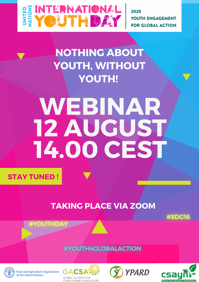 GACSA_news's tweet photo. 🇺🇳❗️Upcoming webinar - 12 August 2020 ❗️🇺🇳 
We will celebrate the #UNYouthDay2020 with an interesting #webinar with speakers from @FAO, @YPARD and @CsaynKenya. 
Stay tuned for more info and registration link! https://t.co/xVaf5Sko7c