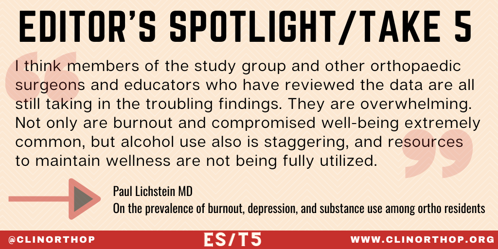 Clinorthop's tweet photo. Editor’s Spotlight/Take 5: What Is the Prevalence of Burnout, Depression, and Substance Use Among Orthopaedic Surgery Residents and What Are the Risk Factors? A Collaborative Orthopaedic Educational Research Group Survey Study #SpotlightPaper #CORR https://t.co/yGn0kJC11G https://t.co/oBgBZWQJYw