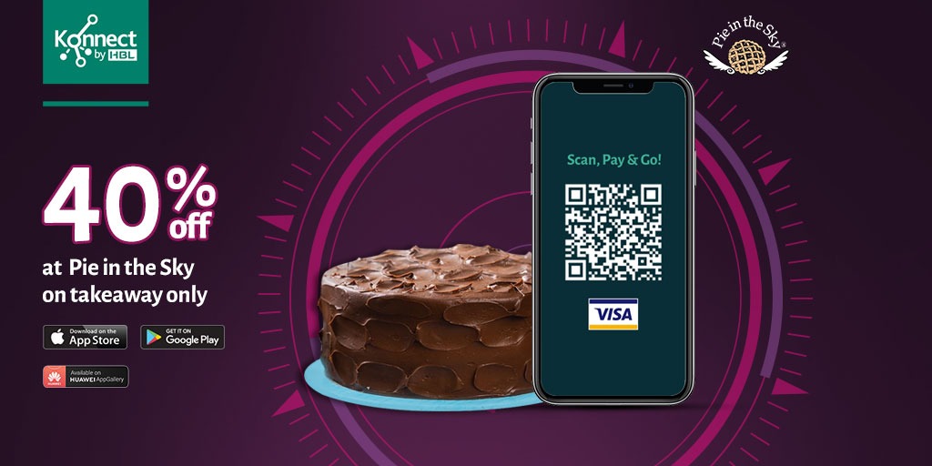 Make your Eid sweeter with 40% off at Pie in the Sky!
Simply scan the Visa QR and get 40% off at Pie in the Sky with Konnect app this Eid!

Valid from 31st July till the 3rd August.

Download now: bit.ly/2GvZZ4N

#KonnectbyHBL #AbLifeHaiSimple #PieInTheSky